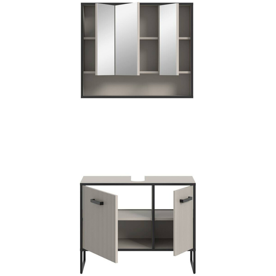 Badezimmer-Set BAGNO mit Waschbeckenunterschrank und Spiegelschrank in Schwarz und Kaschmirgrau mit Rillenoptik, B/H/T: 80 x 192 x 36 cm - Bild 2