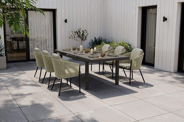 OUTFLEXX Tavio Garten-Essgruppe aus Aluminium und Rope-Geflecht mit ausziehbarer Glasplatte und 6 Diningsesseln, anthrazit matt/grün, Tisch B: 180 bis 240 cm, B: 100 cm - Bild 1