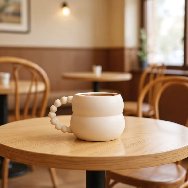 Keramik-Kaffeetasse aus Porzellan mit Kugelgriff in Beige mit mattierter Oberfläche und glasiertem Innenraum - Bild 2
