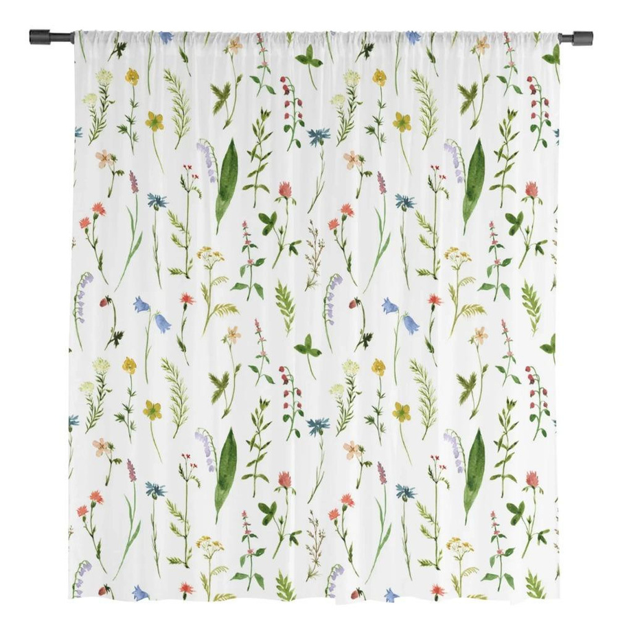 Yiran Furniture Transparentes Tüll-Fensterdekoration mit Blumenmuster in Weiß, Organza-Vorhang mit Ösen, Breite: 135 cm, Höhe: 115 cm - Bild 1