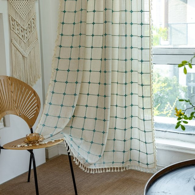 Mehrfarbiger Plaid Vorhang mit Stickerei im Boho-Stil für Schlafzimmer und Wohnzimmer, halbtransparent - Bild 1