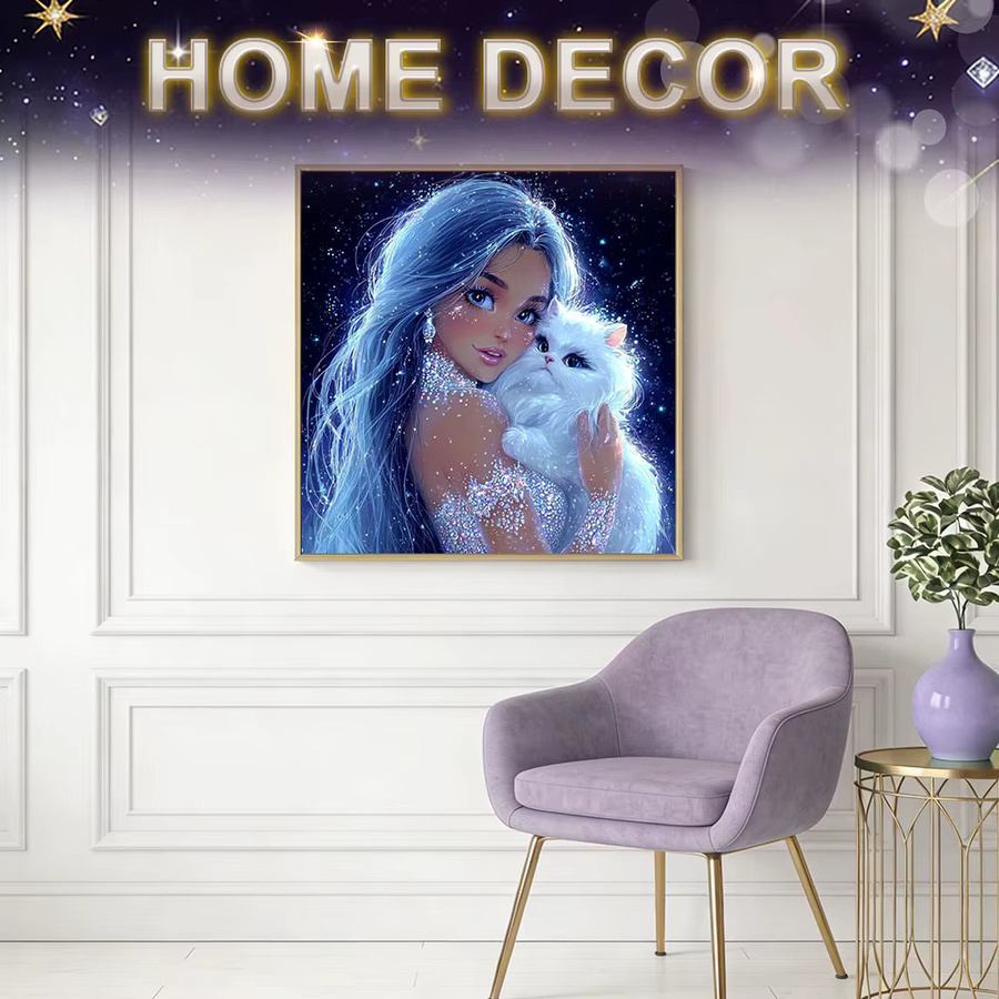 HUACAN Diamantmalerei Frauenporträt mit Katze als 5D Diamant-Mosaik Wanddekoration in Multicolour - Bild 3