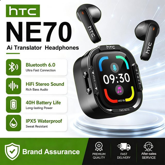 HTC NE70 Kabellose Bluetooth TWS In-Ear Kopfhörer mit Touchscreen, AI-Übersetzung und Geräuschunterdrückung, Schwarz - Bild 1