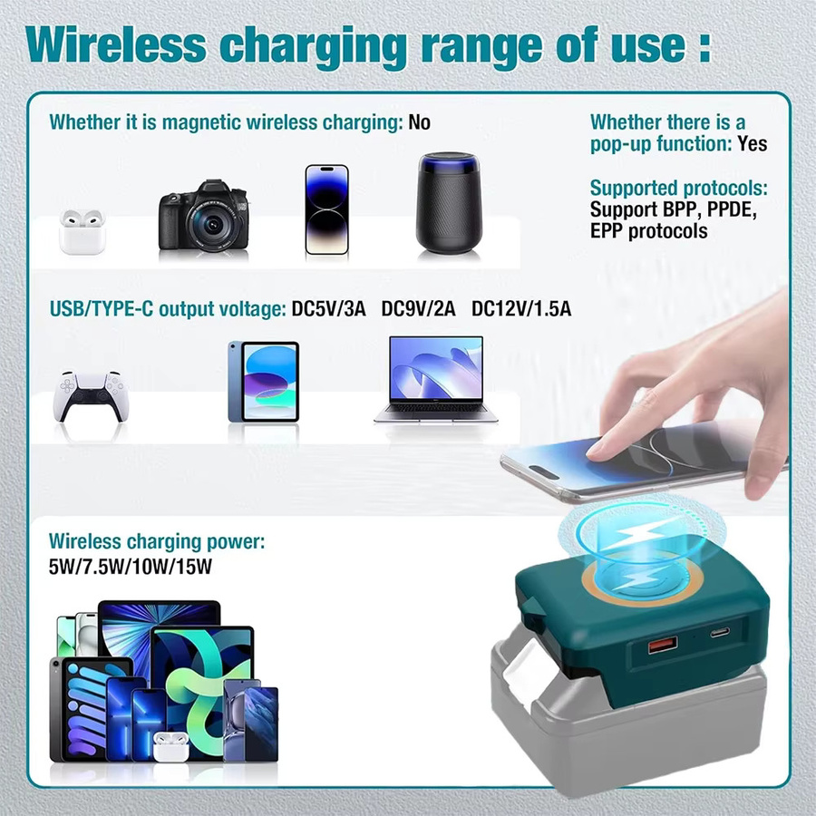 Makita Drahtloses Telefon-Ladegerät für 18 V Li-Ionen-Akkus mit USB- und Typ-C-Anschluss als tragbare Outdoor-Powerbank - Bild 3