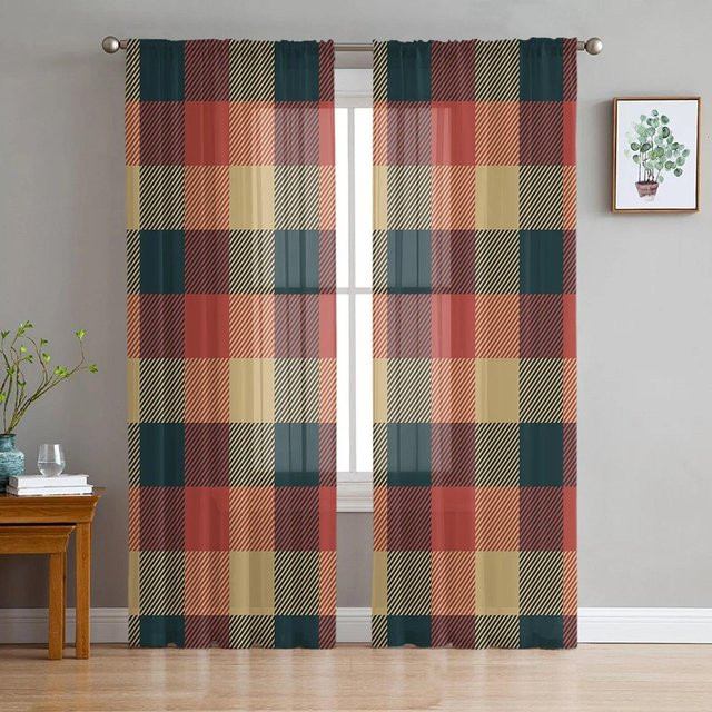 Rote karierte Tüllvorhänge von Your Warm Home, transparente Fensterbehänge aus Polyester für Schlafzimmer und Balkon, B: 135 cm, H: 137 cm - Bild 1