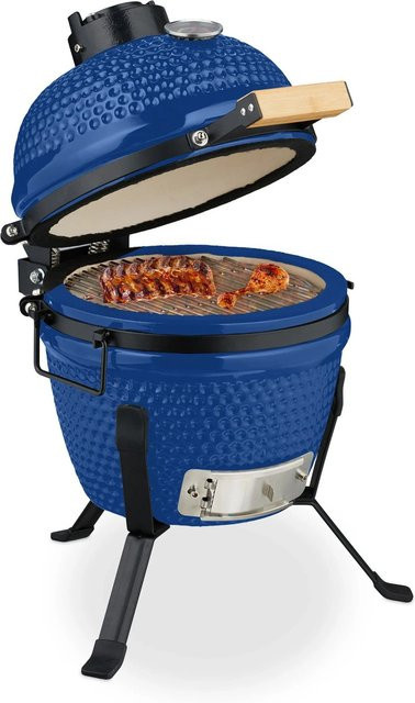 Relaxdays Kamado Kugelgrill aus Keramik in Blau mit Thermometer, B/T/H: 56,5 x 43 x 46 cm - Bild 1