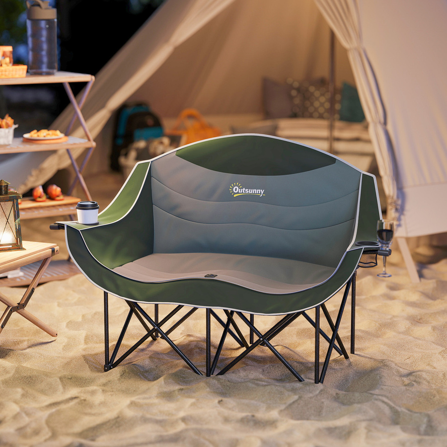Outsunny 2-Sitzer Faltstuhl für Outdoor und Camping in Grün mit Getränkehalter und Tragetasche, gepolsterter Klappstuhl bis 250 kg belastbar - Bild 2