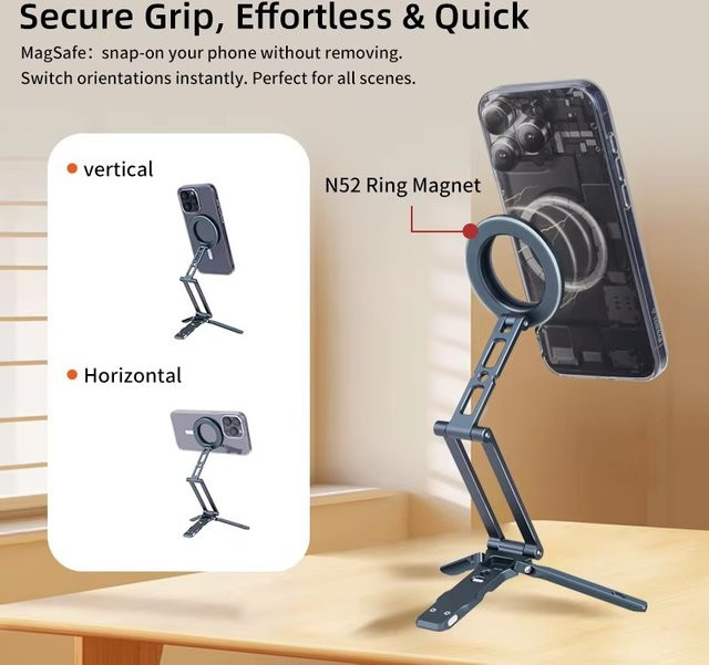 XILETU Magnetischer Telefonstativständer mit Haken, faltbarer Desktop-Halter für iPhone und Smartphones in Schwarz - Bild 1