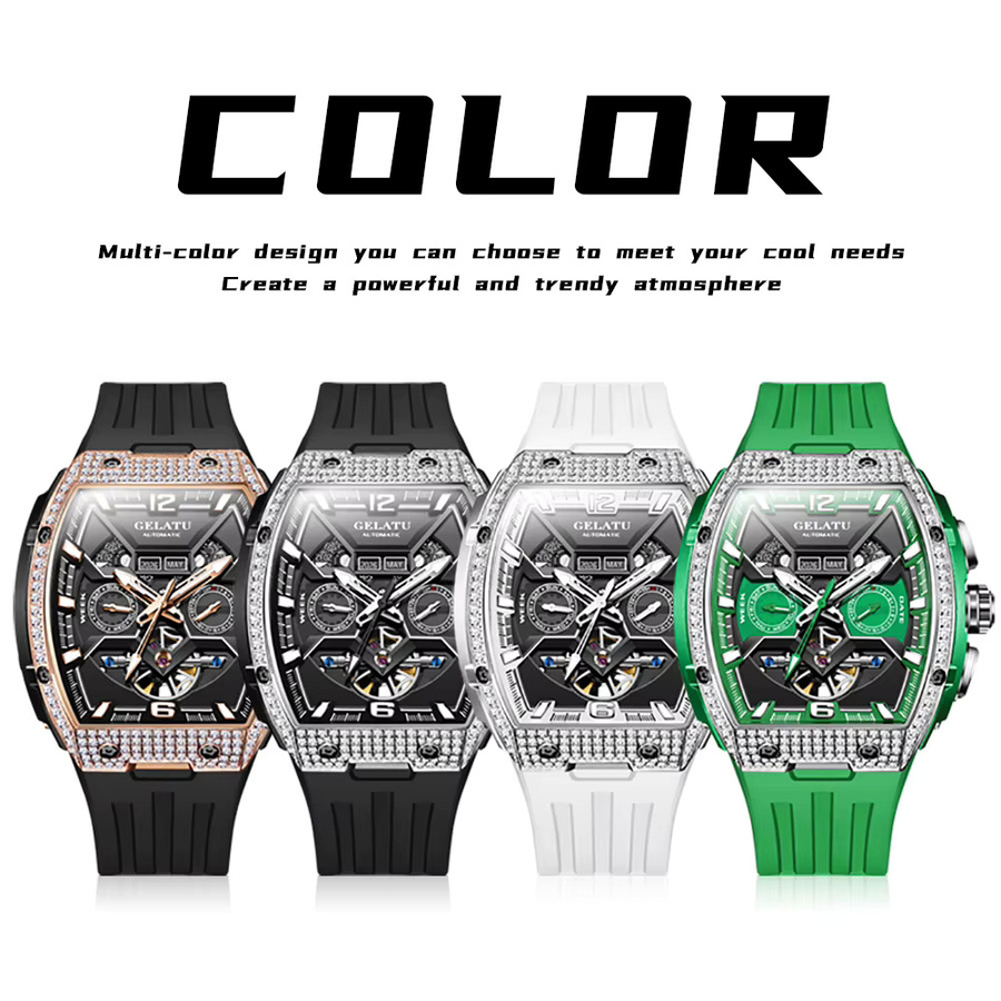 GELATU Armbanduhr, Automatik, Diamant, Silikonarmband, Herren, Grün - Bild 5