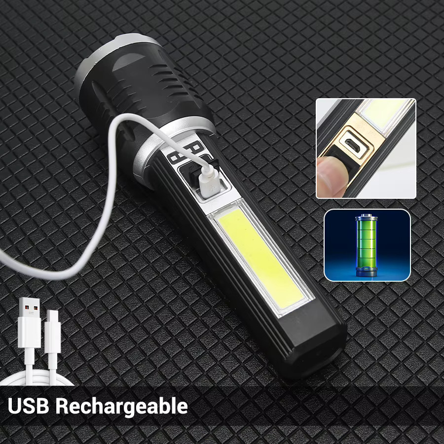 Heinast Taktische LED-Taschenlampe aus Metall mit USB-Ladefunktion und Teleskop-Zoom in Schwarz - Bild 5