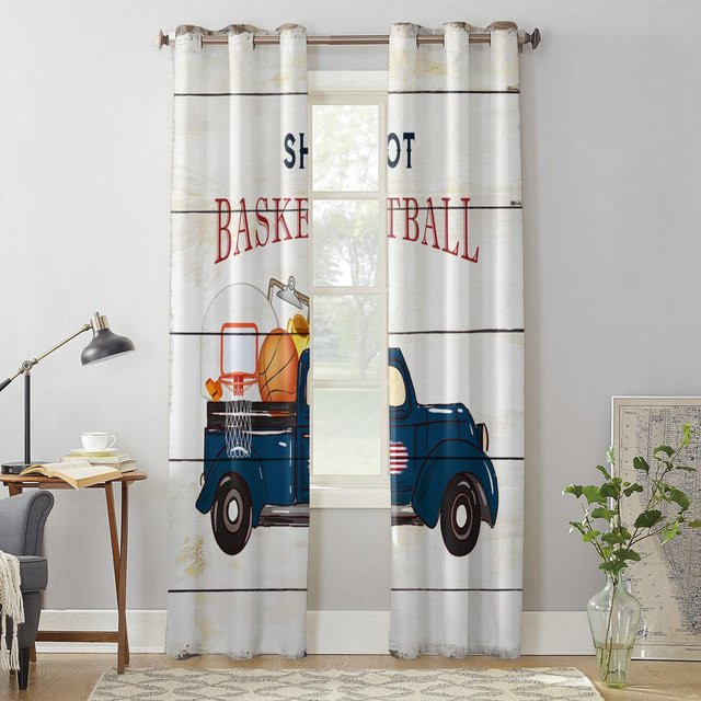 Semi-transparente Vorhänge mit Basketball Truck Vintage Holzbrett Motiv in Weiß und Multicolour, Breite: 135 cm, Höhe: 60 cm - Bild 1