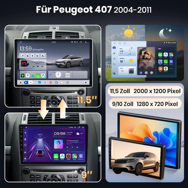 Junsun Android 15 Autoradio für Peugeot 407 CC SW 2004-2011 mit 9 Zoll Touchscreen, kabelloses Apple CarPlay, Multimedia-Videoplayer in Schwarz - Bild 2