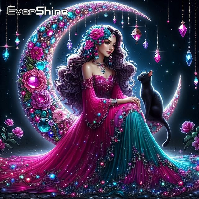 EverShine Diamantmalerei Porträt Frau mit Mond und Katzen als Mosaik-Stickerei in Multicolour - Bild 1