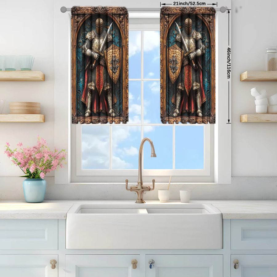 VOZMIO 2er Set dekorative Vorhänge mit mittelalterlichem Ritter-Holzschnitzerei-Motiv in ästhetischem Design - Bild 2