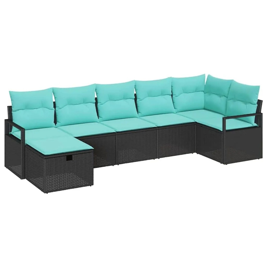 vidaXL Sofa Set 7-tlg. aus Poly-Rattan mit Kissen in Schwarz und Türkis - Bild 2