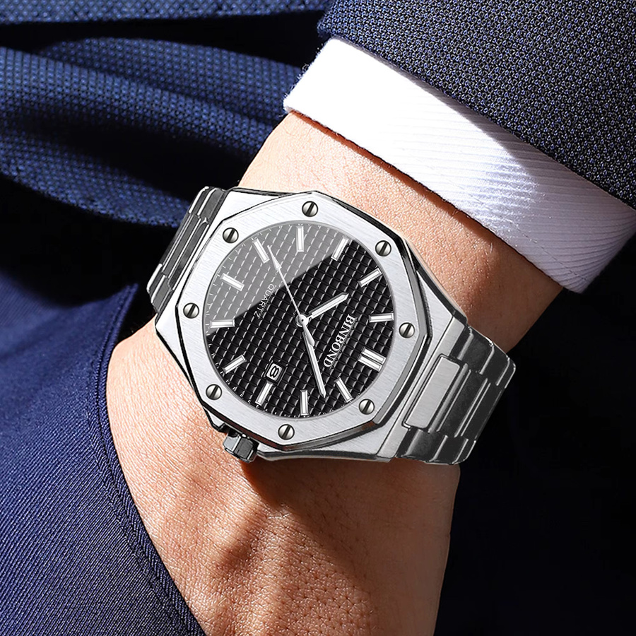 BINBOND Armbanduhr Quarz, Edelstahl, Schwarz, Silber, Herren - Bild 2