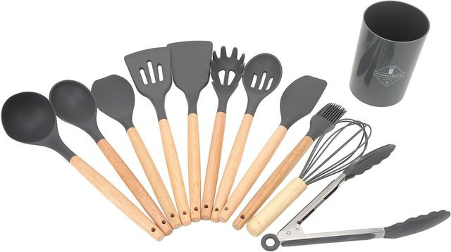12-teiliges Küchenkochutensilien-Set von CosyHome mit ergonomischen Holzgriffen aus Silikon in Dark Gray und Beige, hitzebeständig und kratzfest - Bild 1