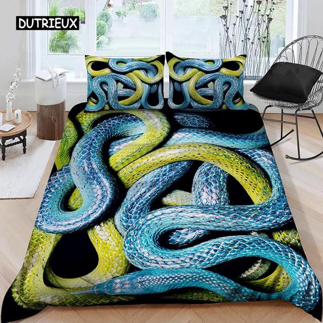 Bettwäsche Set mit Schlangen-Tiermotiv von Binchi Outdoor Product in Grün und Blau aus Mikrofaser, B/H: 135 x 200 cm - Bild 1