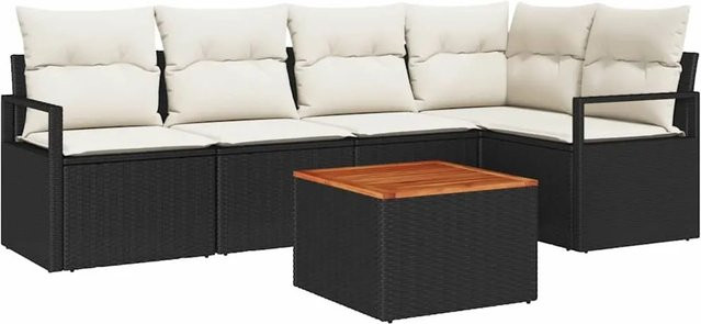 vidaXL Garten-Sofa-Set aus Poly-Rattan in Schwarz mit 6 Teilen, L-Form mit 3-Sitzer-Sofa, Eckelement, Couchtisch und Kissen in Beige - Bild 1