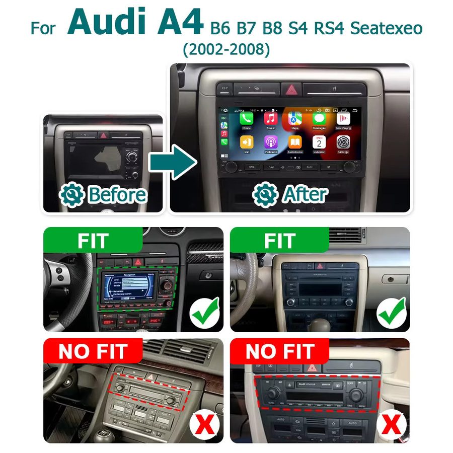 Naviunit Android 15 Autoradio mit 10,26 Zoll Bildschirm, Wireless Carplay, Bluetooth und Navigation für Audi A4 B6 S4 B7 RS4 sowie Seat Exeo (2002-2008), Schwarz - Bild 2