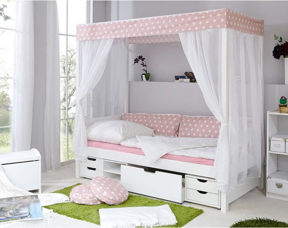 TiCAA Himmelbett Rosa Weiß mit Sternen aus Kiefer Massivholz für das Kinderzimmer