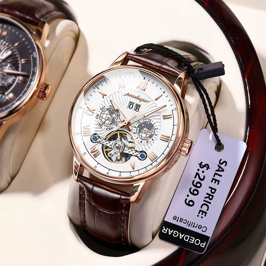 POEDAGAR Armbanduhr, Automatik, Leder, Roségold, Herren - Bild 2