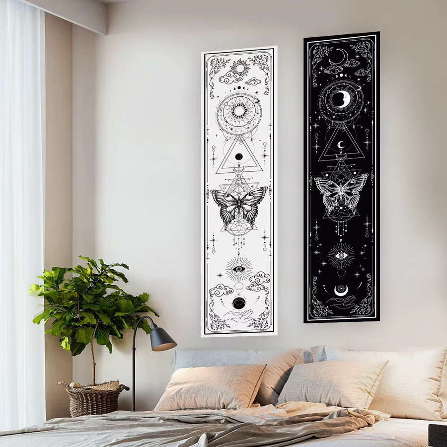 LVJIA Wandteppich Gothic Witchy Sun & Moon mit Schmetterlingen in Schwarz-Weiß, Rechteckiger Wandbehang für Wohnzimmer und Schlafzimmer, Höhe: 150 cm, Breite: 40 cm - Bild 2