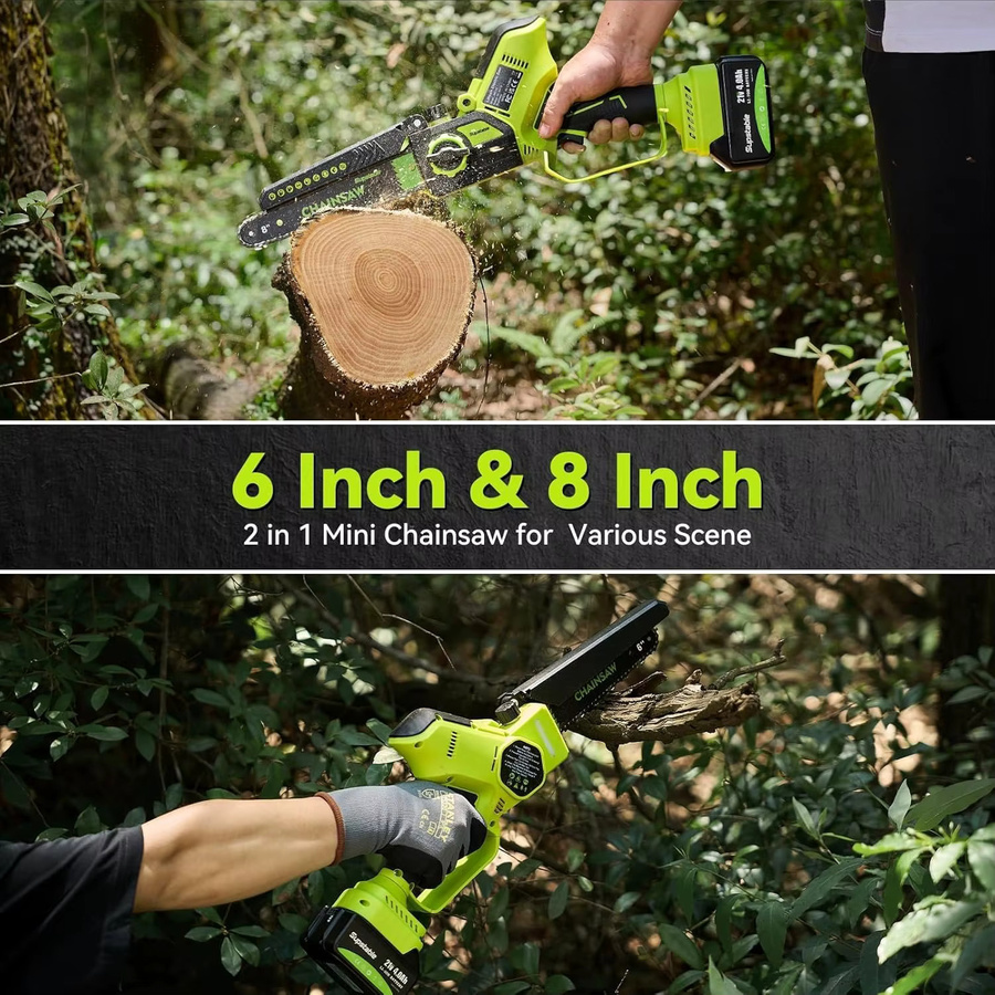 Supstable Mini-Kettensäge in Grün mit 8 und 6 Zoll Klingen, elektrische Handkettensäge mit automatischer Kettenschmierung und 8000-mAh-Akku für Äste - Bild 2