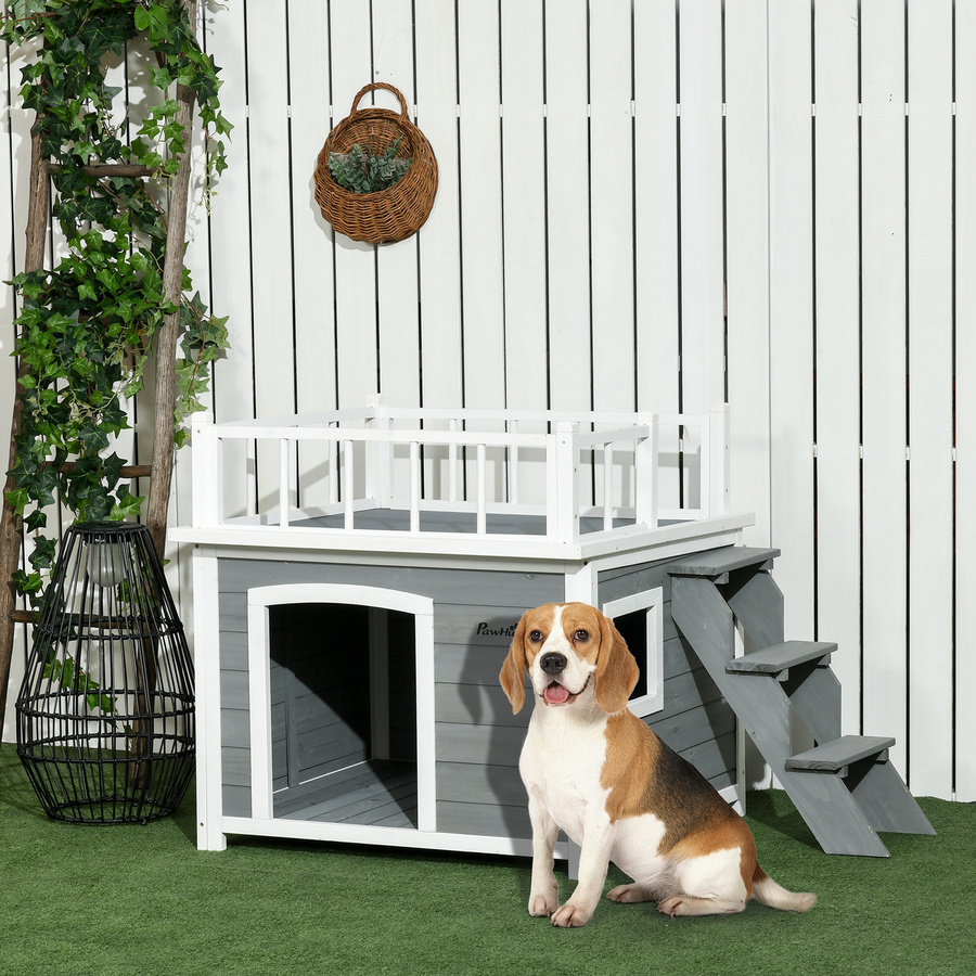 PawHut Hundehütte aus Tannenholz mit Balkon, Treppe und Fenster in Hellgrau, B/H/T: 77 x 121 x 78 cm - Bild 2