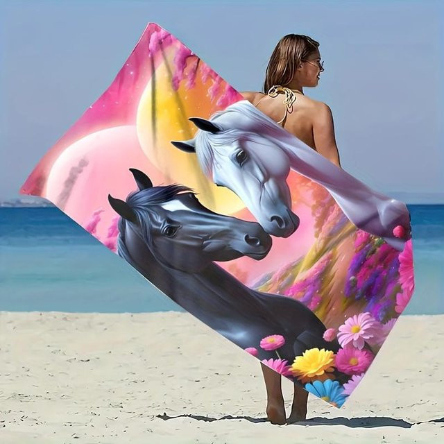 Strandtuch JMG Household Supplies mit Zwei Pferde und Blumen Fantasy Kunstdruck, schnelltrocknend, Mehrfarbig, B/H: 100 x 200 cm - Bild 1