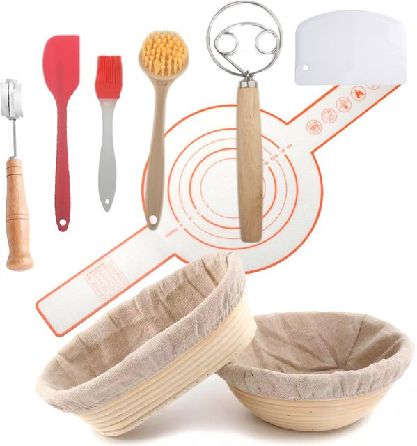 Brotkorb Set SHENHONG aus natürlichem Rattan mit Leinenbezug in Beige, 7-teiliges Backzubehör für Sauerteig und Brot - Bild 1