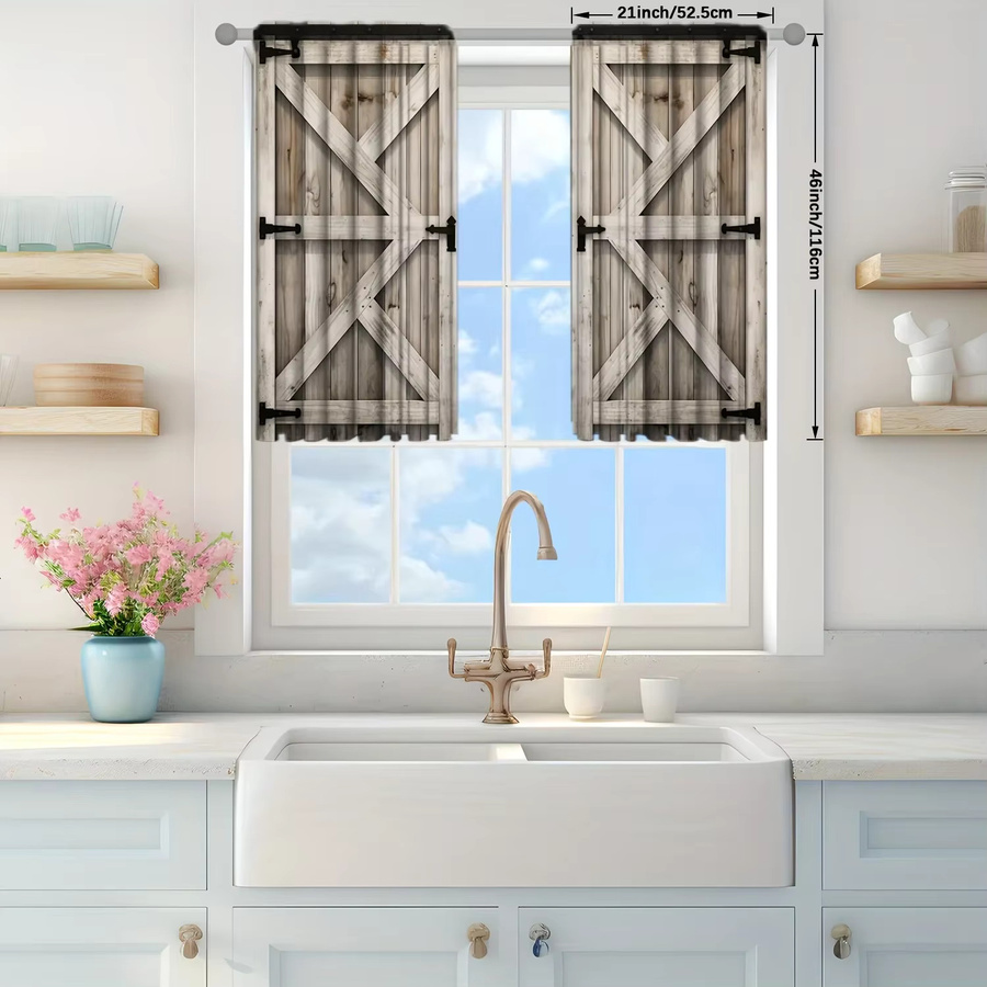 2er-Set VOZMIO Vorhänge mit Holztür-Print in Braun für Wohnzimmer, Schlafzimmer und Büro, Rod Pocket Design - Bild 3