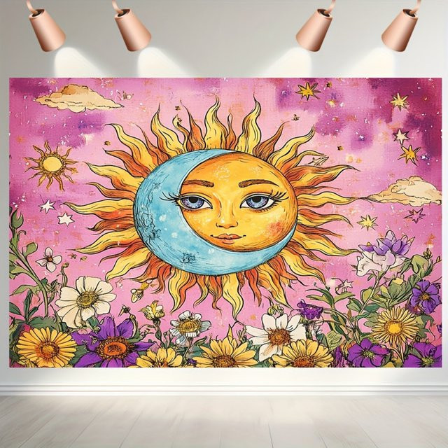 VIKAMA Bohemian Wandteppich mit Sonne, Mond und Blumenmuster in Multicolour, B/H: 60 x 40 cm - Bild 1