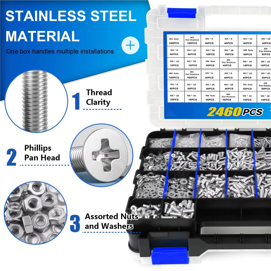 2460-teiliges Edelstahl-Set in Silber mit Kreuzschlitzschrauben, Muttern und Unterlegscheiben M3 M4 M5 M6 inklusive doppelschichtiger Aufbewahrungsbox - Bild 2