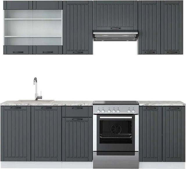 Vicco Fame-Line Küchenzeile im Landhausstil in Anthrazit und Weiß mit Marmor-Optik, Breite: 240 cm - Bild 1