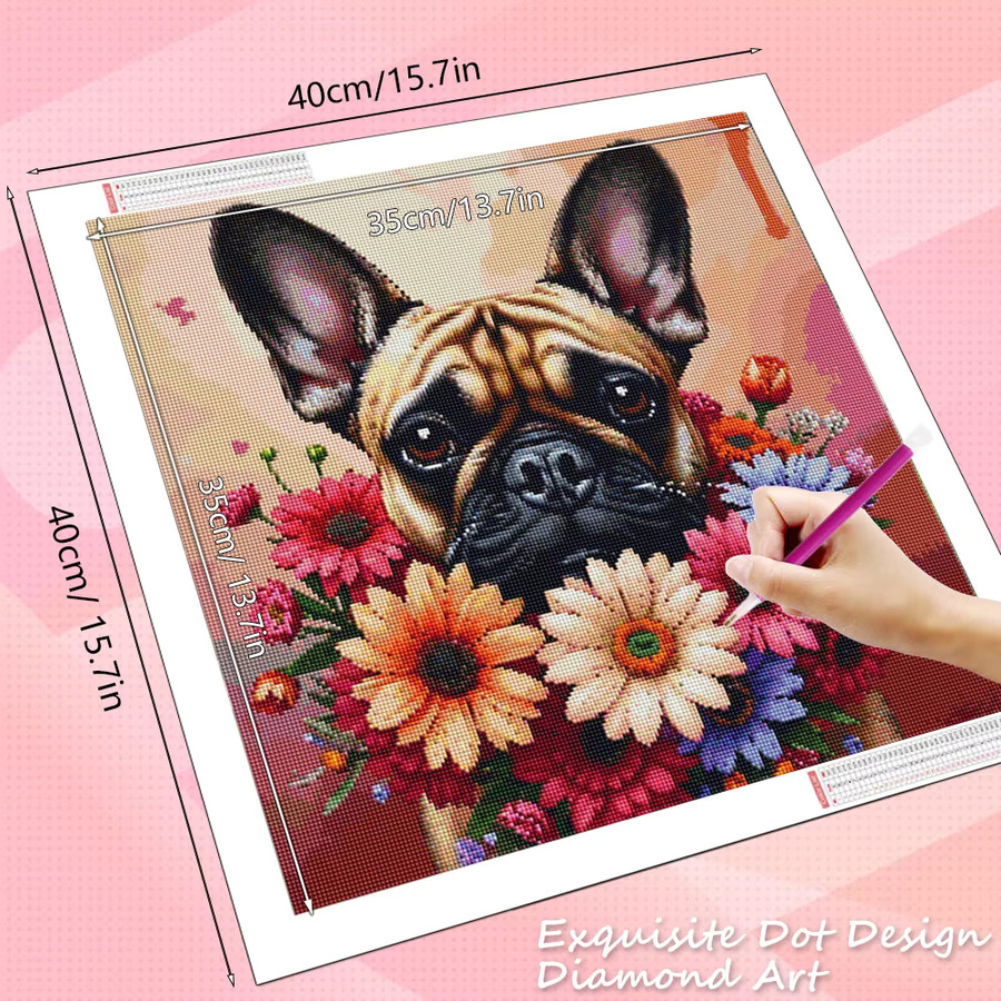 HUACAN Diamantmalerei Hund und Blumen als 5D DIY Diamant Mosaik Wanddeko mit runden Bohrern in Mehrfarbig - Bild 1