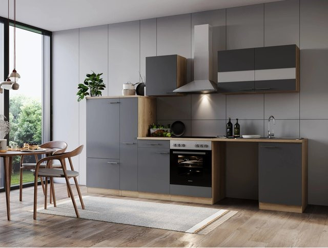 Respekta Küchenblock Merle modern in Eiche Sägerau Nachbildung Grau mit Waschmaschinen-Nische und Soft-Close-Türen B/H/T: 310 x 82 x 54 cm - Bild 1