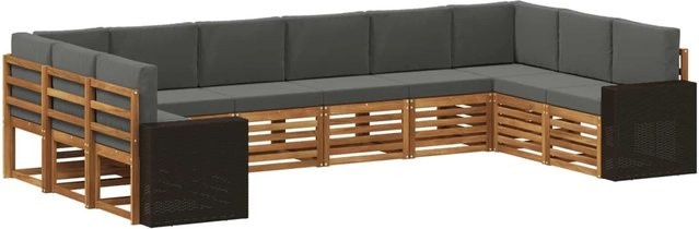 vidaXL Outdoor-Sofagarnitur in L-Form aus Akazienholz mit anthrazitfarbenen UV-beständigen Polyester-Polstern, 10-teiliges Set in Natur und Anthrazit - Bild 1