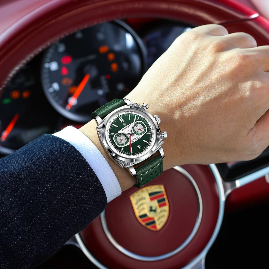 POEDAGAR Armbanduhr Chronograph, Quarz, Leder, Silber, Herren - Bild 5