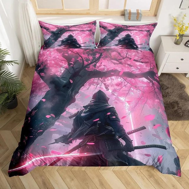 Japanisches Samurai Bettwäscheset mit Kirschblüten, Roter Sonne und Fuji Berg, B/H: 140 x 210 cm, Farben: Rot und Pink - Bild 1
