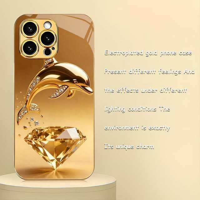 Lucky Start Handyhülle mit Delfin und Diamantmuster in Gold für iPhone 17 16 15 14 13 12 11 Pro Max Plus, stoßfeste Rückseite aus vergoldetem Glas - Bild 1