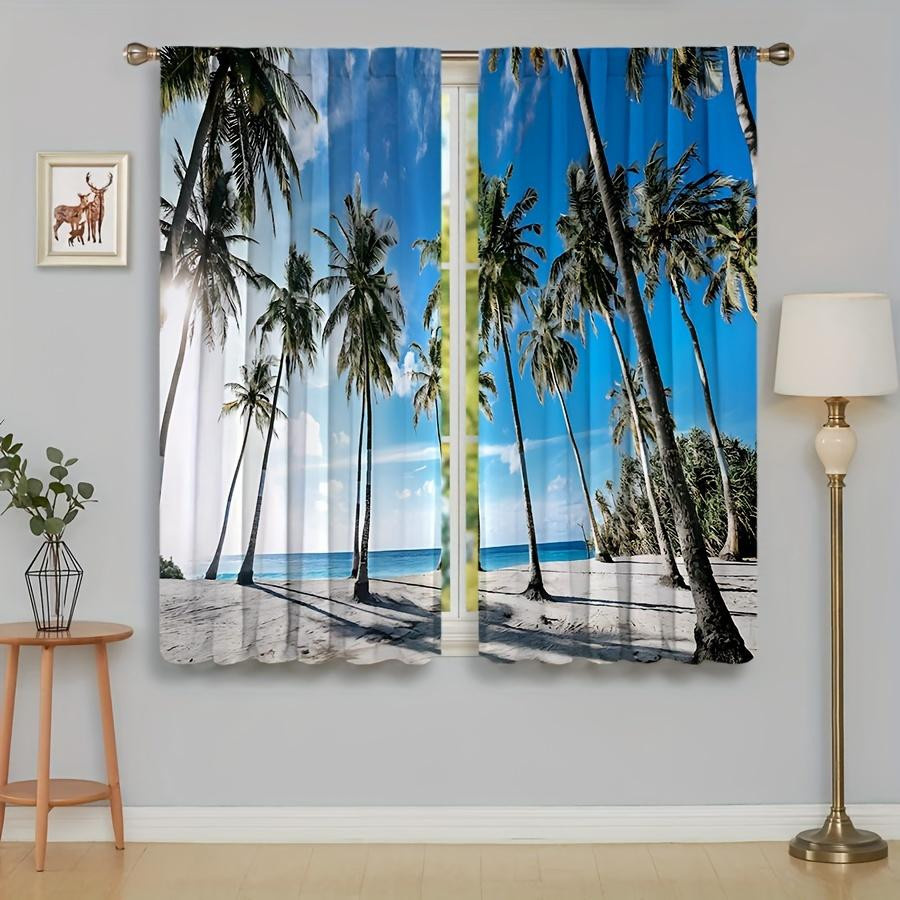 2er-Set Dekorative Vorhänge mit Strand- und Palmenmotiv in Blau, 3D-Digitaldruck, halbtransparent, B/H: 50 x 130 cm - Bild 2