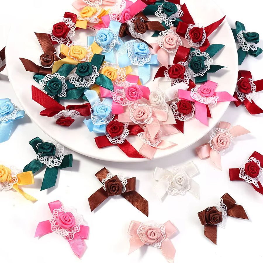 10 Stück bunte Satinband-Schleifen aus Polyester mit Spitzen-Rosen-Design für deine DIY-Dekoration und Kleidung - Bild 4