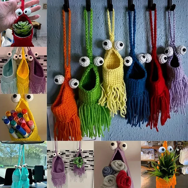 Gestrickter Hängekorb für Pflanzen und Obst in Lila und Mehrfarbig, Wandmontierter Boho Aufbewahrungskorb aus Textil mit Tier-Motiv - Bild 1