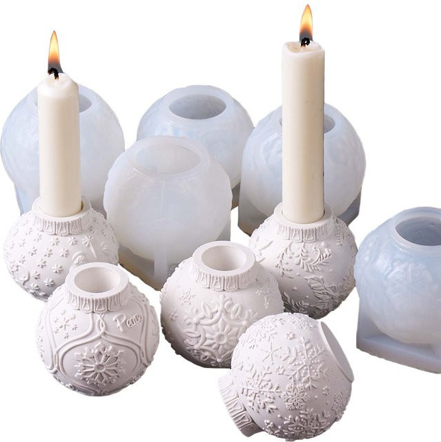 UDOCOOL Silikonform für 3D Weihnachtskugel Kerzenständer mit Schneeflocken und Blumen Motiv in Weiß - Bild 1
