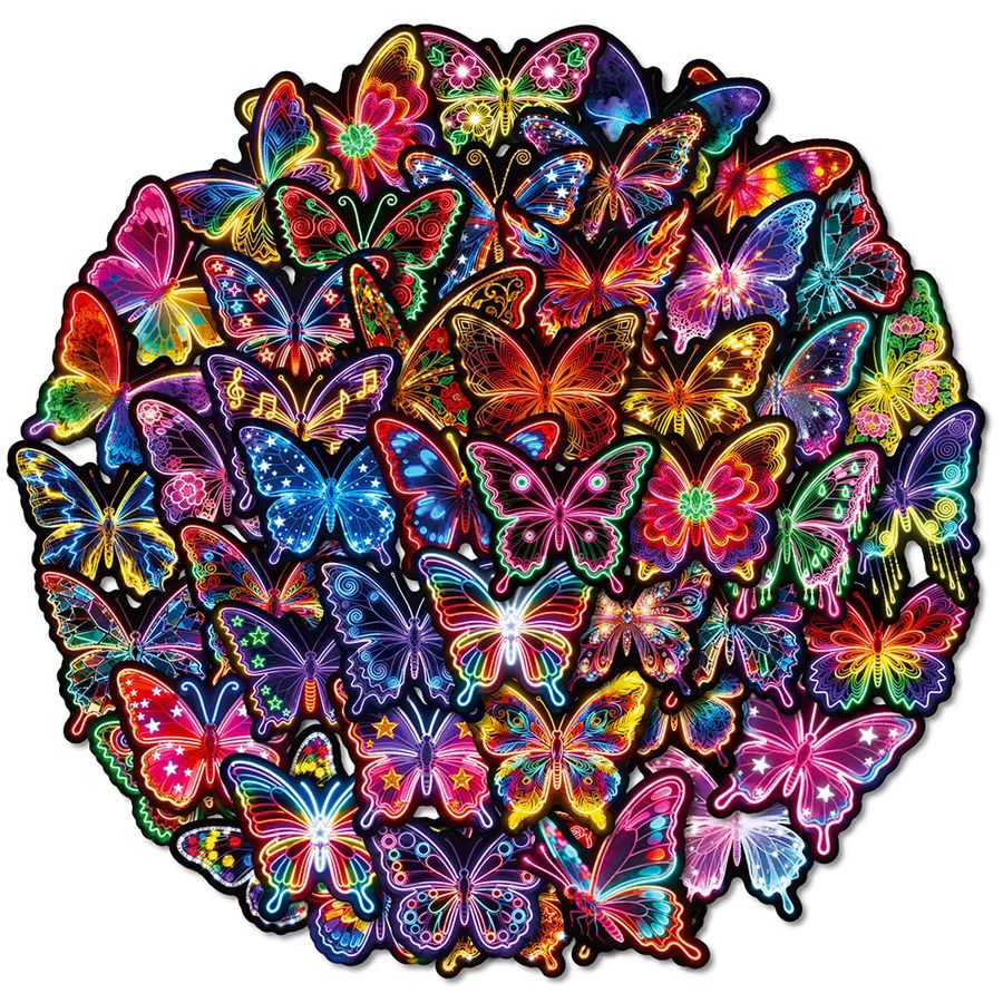 Bunte Neon Schmetterling Aufkleber Set im Cartoon Graffiti Stil für Telefon und Wasserflaschen, Multicolor - Bild 3