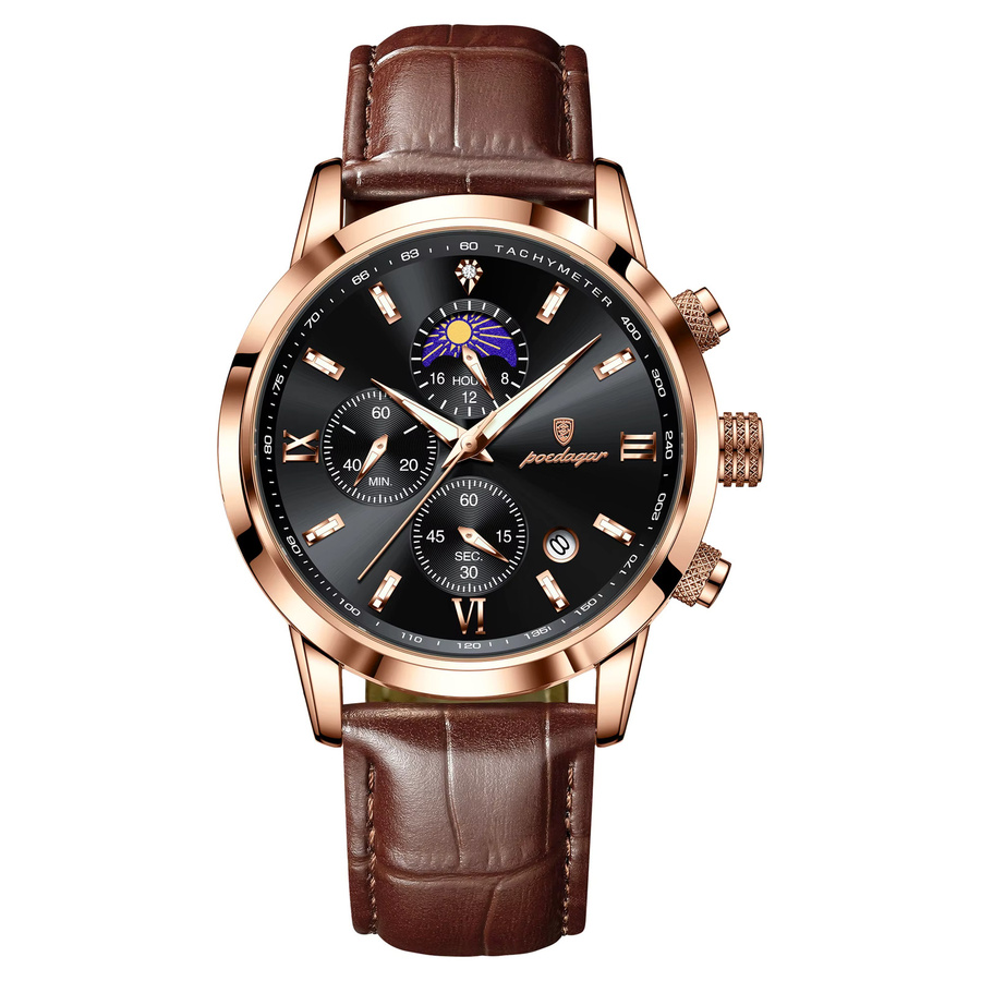 POEDAGAR Armbanduhr Chronograph, Quarz, Leder, Schwarz, Roségold, Herren - Bild 7