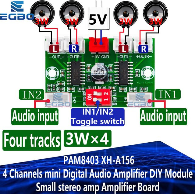 EGBO PAM8403 4-Kanal Mini Digital Audio Verstärker DIY Modul XH-A156 in Grün mit USB-C Anschluss - Bild 1