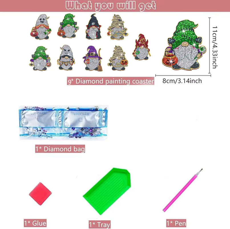 10er Set DIY Diamant-Malerei Kunstset mit Halloween Zwergmuster und unregelmäßigen Untersetzern in Mehrfarbig - Bild 2