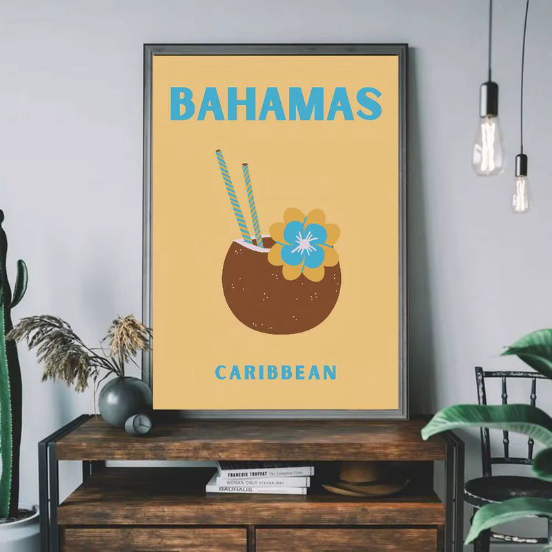 Island Travel Vintage Poster mit floralem Motiv in Mehrfarbig, Rechteckiges Wandbild aus Papier mit Holzrahmen im Hochformat - Bild 4